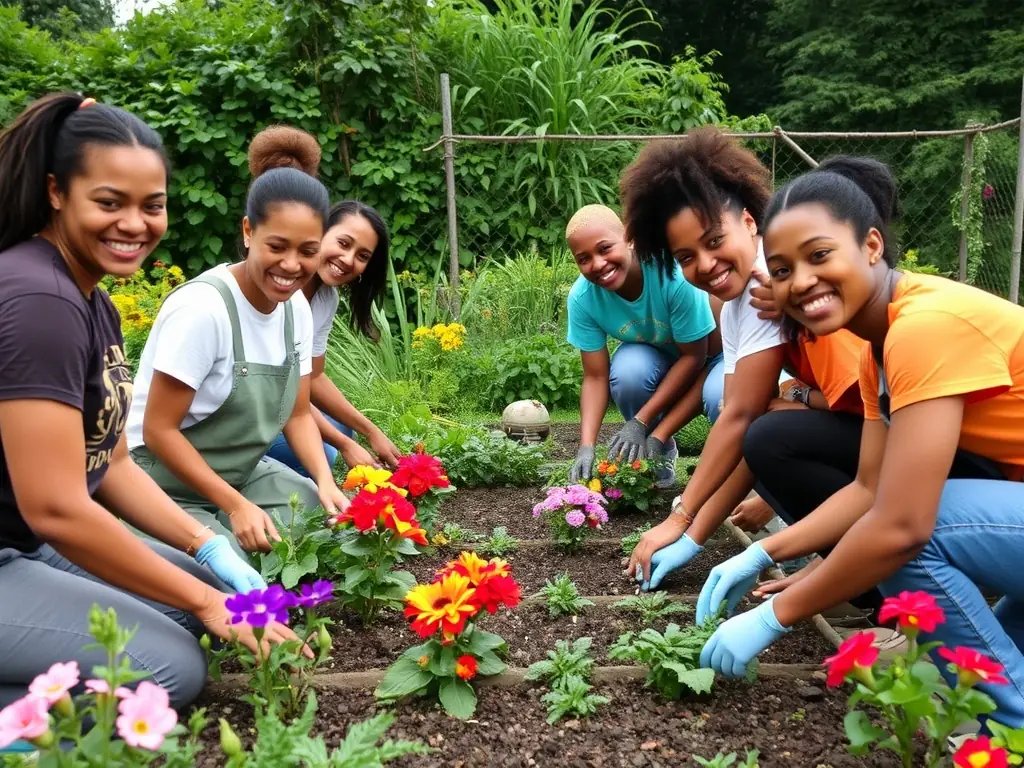 A vibrant image of volunteers working together in a community garden, exchanging tools and sharing smiles, representing the Community Service Exchange Program.