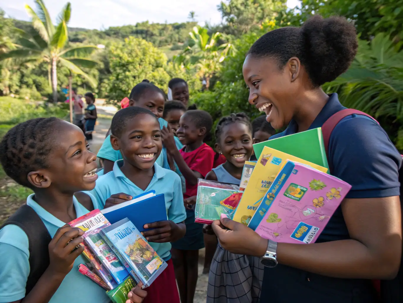 An image of children in a classroom receiving supplies, with a backdrop of community volunteers handing out donations, illustrating the Educational and Local Initiative Support program.