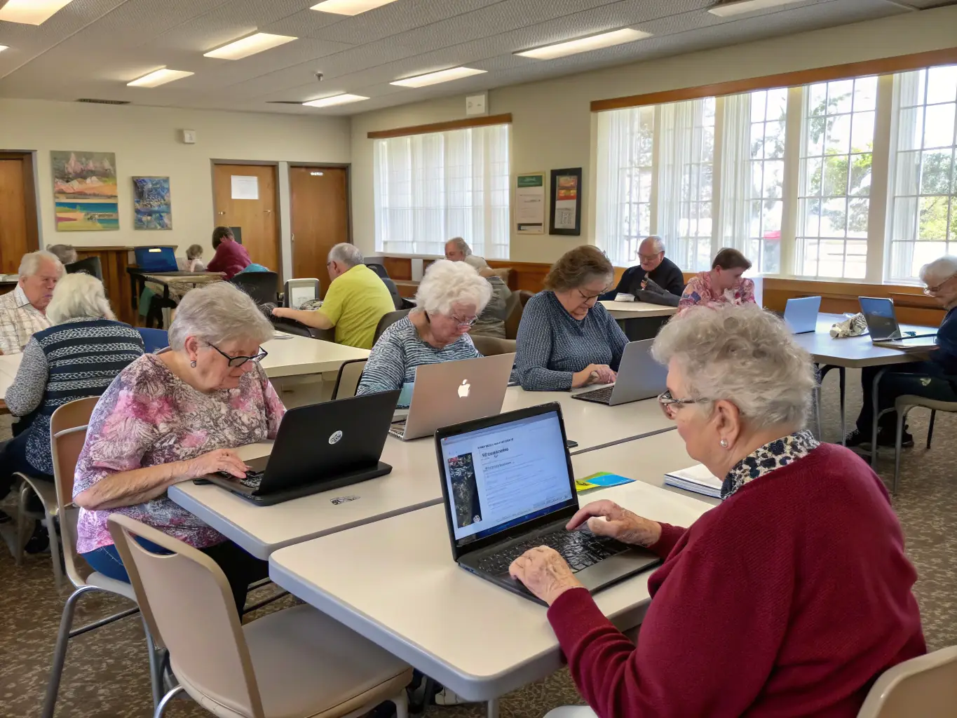 LES GAZELLES volunteers are hosting a workshop on digital literacy for senior citizens at a local community center. The image should depict a supportive learning environment, with volunteers assisting seniors with computers and tablets.