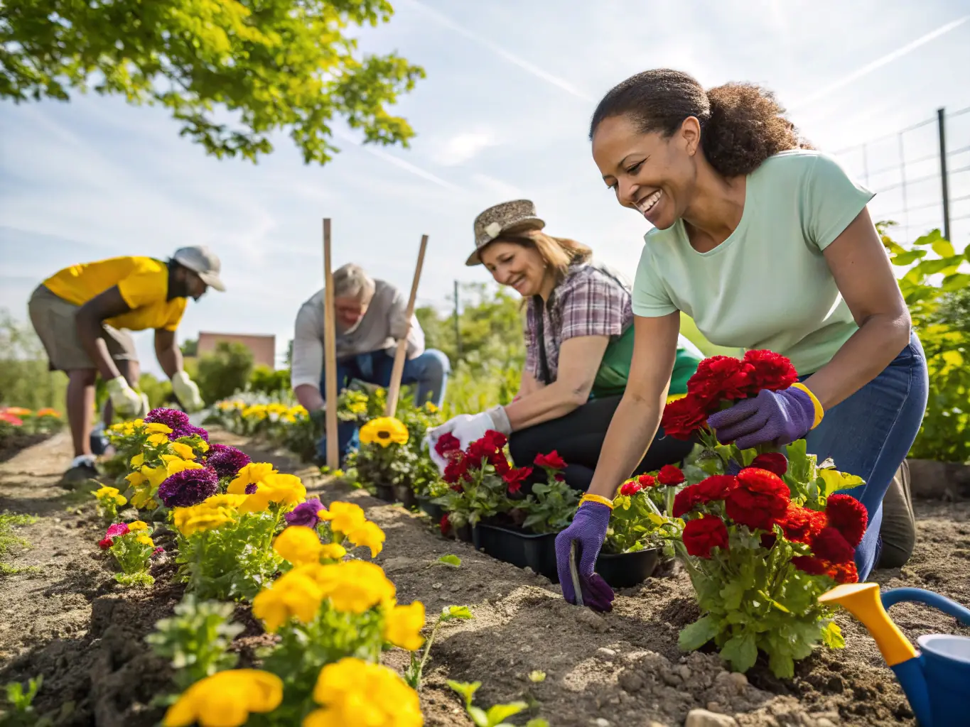 A group of volunteers from LES GAZELLES are collaborating on a community garden project, planting vegetables and flowers together on a sunny day. The image should convey teamwork, community spirit, and environmental stewardship.