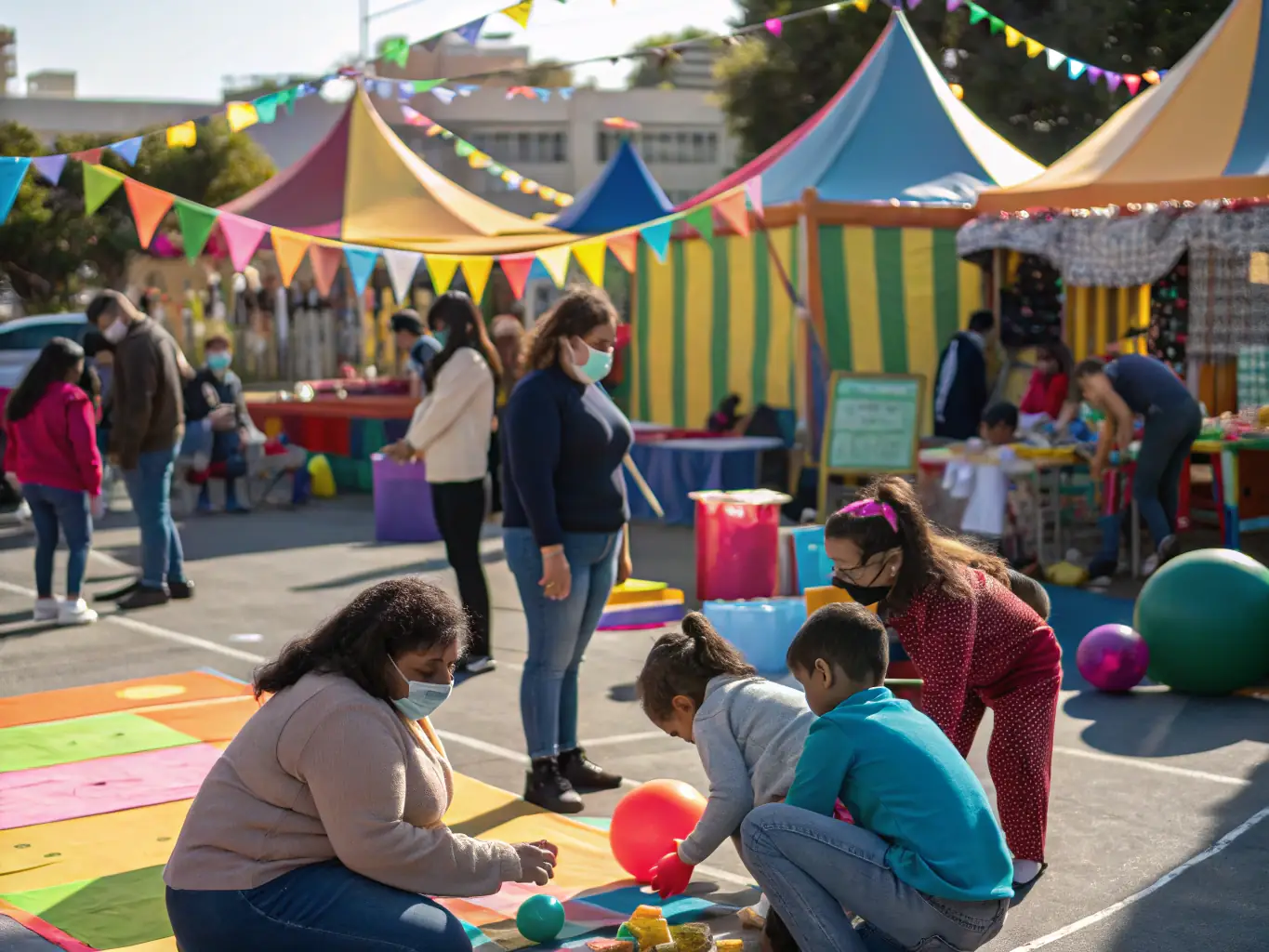 A photograph of a community event organized by LES GAZELLES, showcasing people of all ages participating in various activities and workshops.