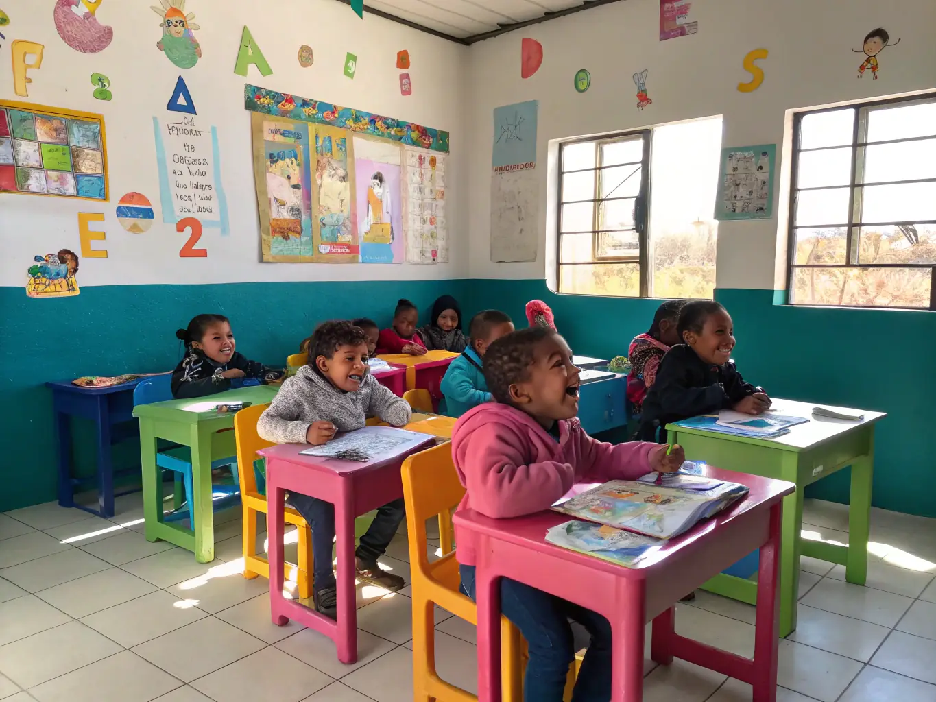An image of children in a classroom receiving supplies, with a backdrop of community volunteers handing out donations, illustrating the Educational and Local Initiative Support.