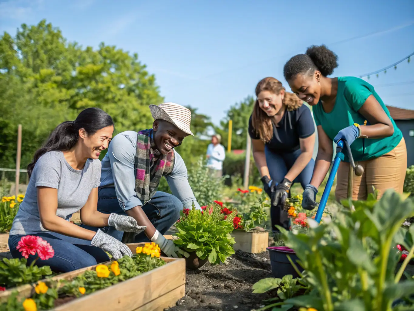 A vibrant image of volunteers working together in a community garden, exchanging tools and sharing smiles, representing the Community Service Exchange Program.